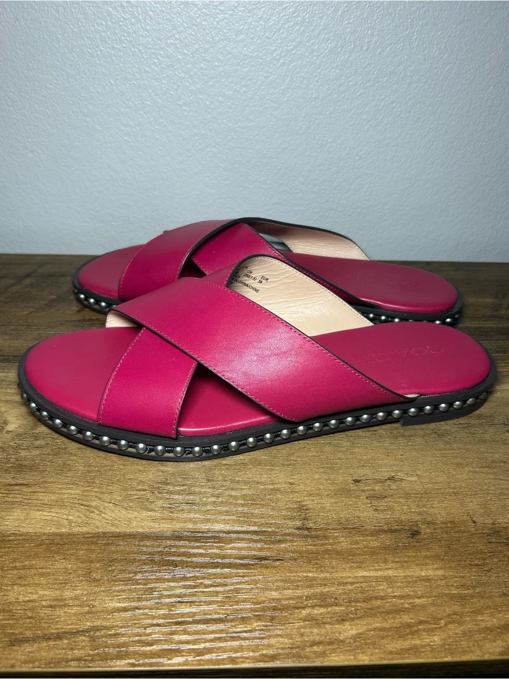 Coach Burgundy Cross-Strap Pearl-Trim Slide Sandals